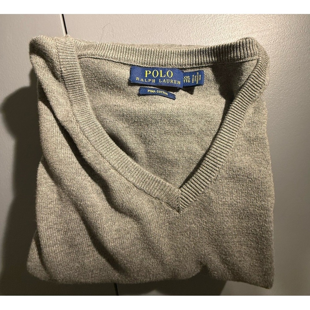 Polo Ralph Lauren Mens XXL Gray Pima Cotton V-Neck‎ Sweater Heather Grey Pony